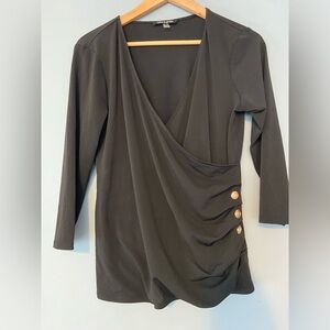 Cable and Gauge Elegant Black Wrap Top with Button Detail. Size medium.